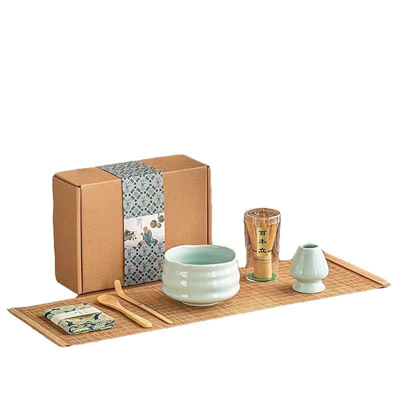 抹茶7点セット お点前セット 日本茶セット 茶道具セット 抹茶茶道 茶碗 百本立茶筅 茶筅立て 茶杓 抹茶 粉末 泡立て器（グリーン） 0