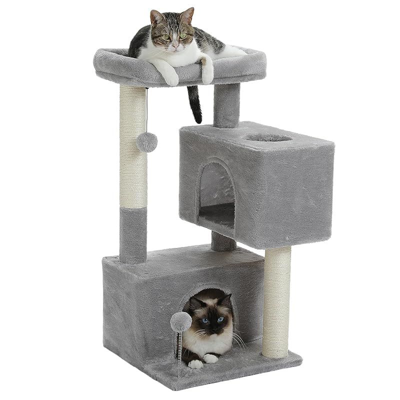 PAWZ Road キャットタワー 低い 低め ミニ スリム 大型猫用 猫タワー 爪研ぎ コンパクト 爪とぎポール 猫ハウス２つ 据え置き 多頭飼い シニア猫 老猫 子猫 登りやすい 天然サイザル麻 おもちゃ付き 猫ベッド - Ｍサイズ ベージュ 高さ80 0