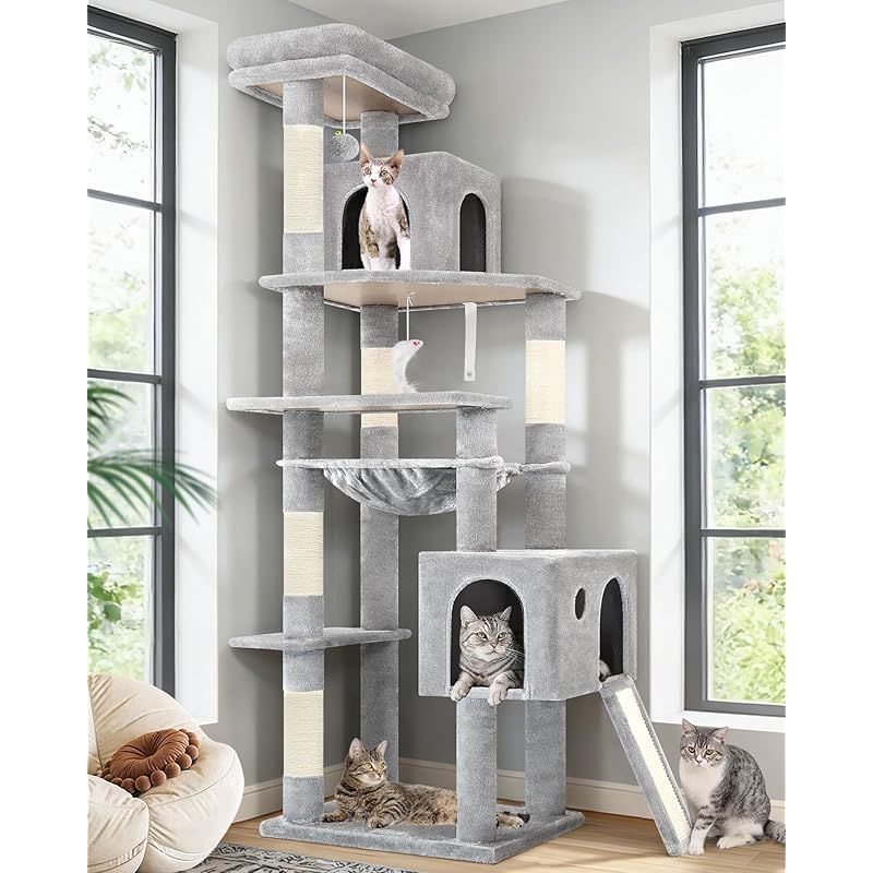 Globlazerコーナー キャットタワー 超スリム 省スペース 大型猫用 多頭飼い きゃつとタワー 付い2つキャットハウス 大きな屋上展望台 柔らかい特大ハンモック 天然麻紐の猫の爪とぎボード 複数猫の爪とぎポスト 玩具ぬいぐるみボール 省スペース 固定 0