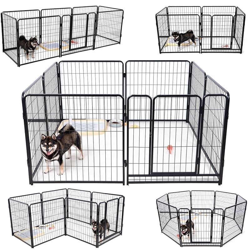 KIRATAKU ペットサークル 中大型犬用 スチール製 犬 ケージ 犬用フェンス コンパクト 組立簡単 複数連結可能 室内室外兼用 組み替えOK (ブラック, 高さ80cm, 2枚［フェンス2枚］)