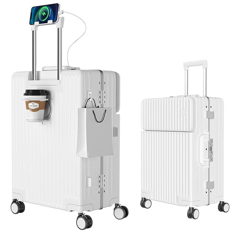 [Ashard] スーツケース 多機能フロントオープン キャリーケース ストッパー付き 機内持ち込み キャリーバッグ 携帯スタンド USBポート付き カップホルダー付き 隠しフック機能 超軽量 耐衝撃 静音 360度回転 ダブルキャスター アルミフレーム 0