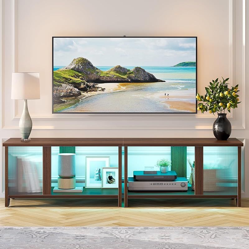 Pinmoco テレビ台 140幅テレビボード 32/40/50/55型対応tv台 木目調テレビラック 白 大容量収納棚 LEDライト ローボード 木製 異素材 モダン 組み立て簡単（140×35×55.12cm、ブラウン） 0