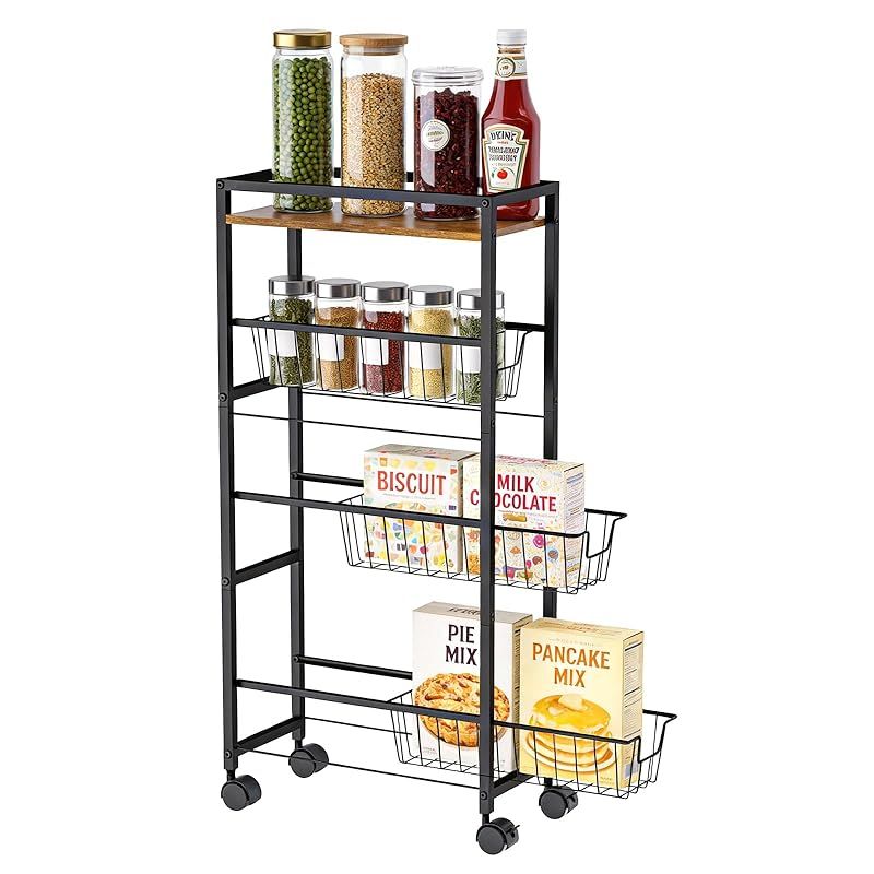 Jetyield キッチンワゴン 隙間収納 キャスター付き 4 段 棚 スリム 引き出し式バスケット 高耐荷重 スチール製 錆止め加工 キッチン/トイレ/洗濯機横 多用途収納スタンド 0