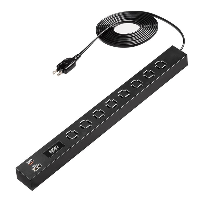 サンワダイレクト 電源タップ USB付き AC 8個口 3m Type-C USB A 急速充電 絶縁キャップ スイングプラグ 延長コード スリム ブラック 700-TAP082-3BK 0