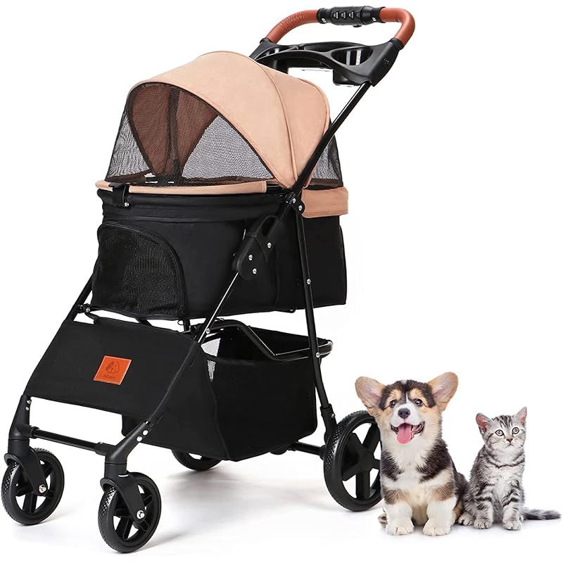 Aikenn ペットカート 犬用ベビーカー 小型犬 折り畳み犬用カート ペットキャリー ペットバギーミニ 4輪タイプ 犬介護用 猫用 猫犬兼用 前輪360°回転 後輪ブレーキ付 飛び出し防止 軽量 ワンタッチ開閉 組み立て簡単 耐荷重15KG おでかけ用品 0