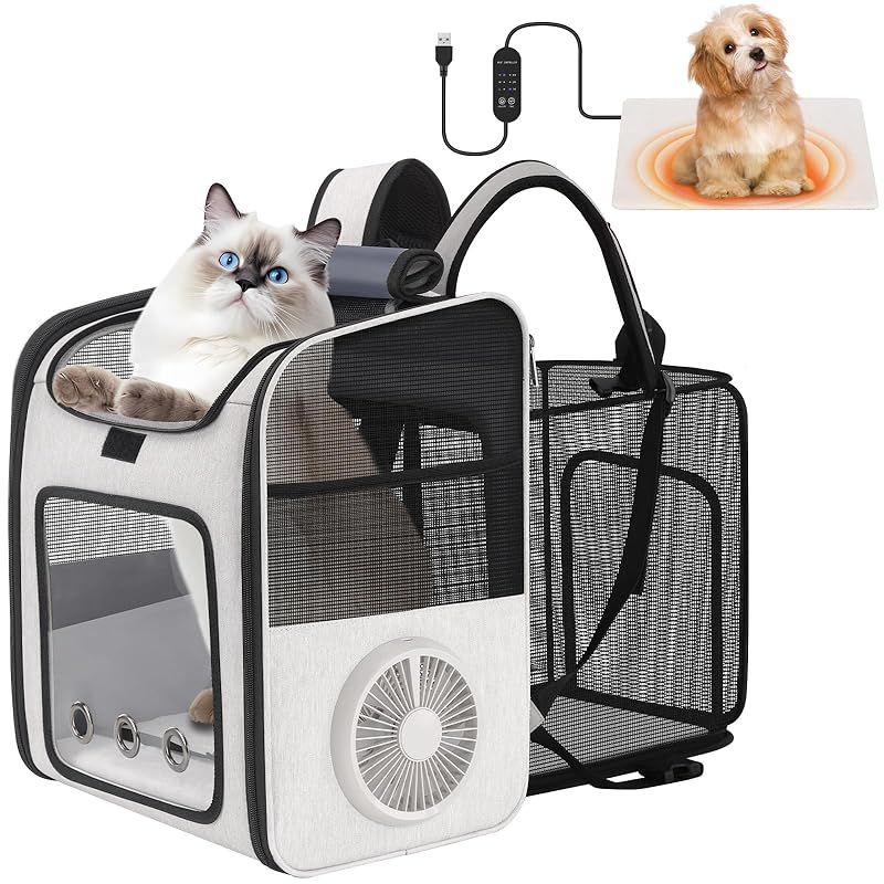 HOVONO 犬 猫 リュック 拡張可能 扇風機付き ペットヒーター【究極の多機能】 ペット用 ホットカーペット 3段階温度 カーテン付き 折りたたみ 通気性 メッシュ窓 キャリー バッグ 軽量 旅行/通院/災害避難用 グレー 0