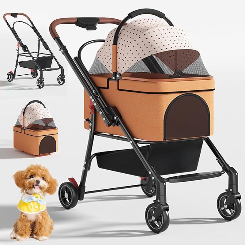 JZOOOZ ペットカート 犬用カート 分離型 4輪 キャスター付き 後輪ブレーキ付き 前輪360°回転 犬用ベビーカー組み立て簡単 折りたたみ式 取り外し カラータンジェリンブラウン 軽量 通気 多頭飼い対応 お散歩 介護用 サイズ45*80*95CM 0