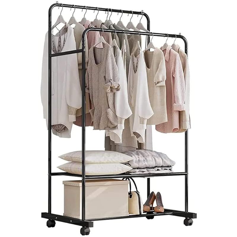 Anleesi ハンガーラック 洋服かけスタンド 物干しスタンド 2段棚付き フック付き ブラック 80*51*160cm 0
