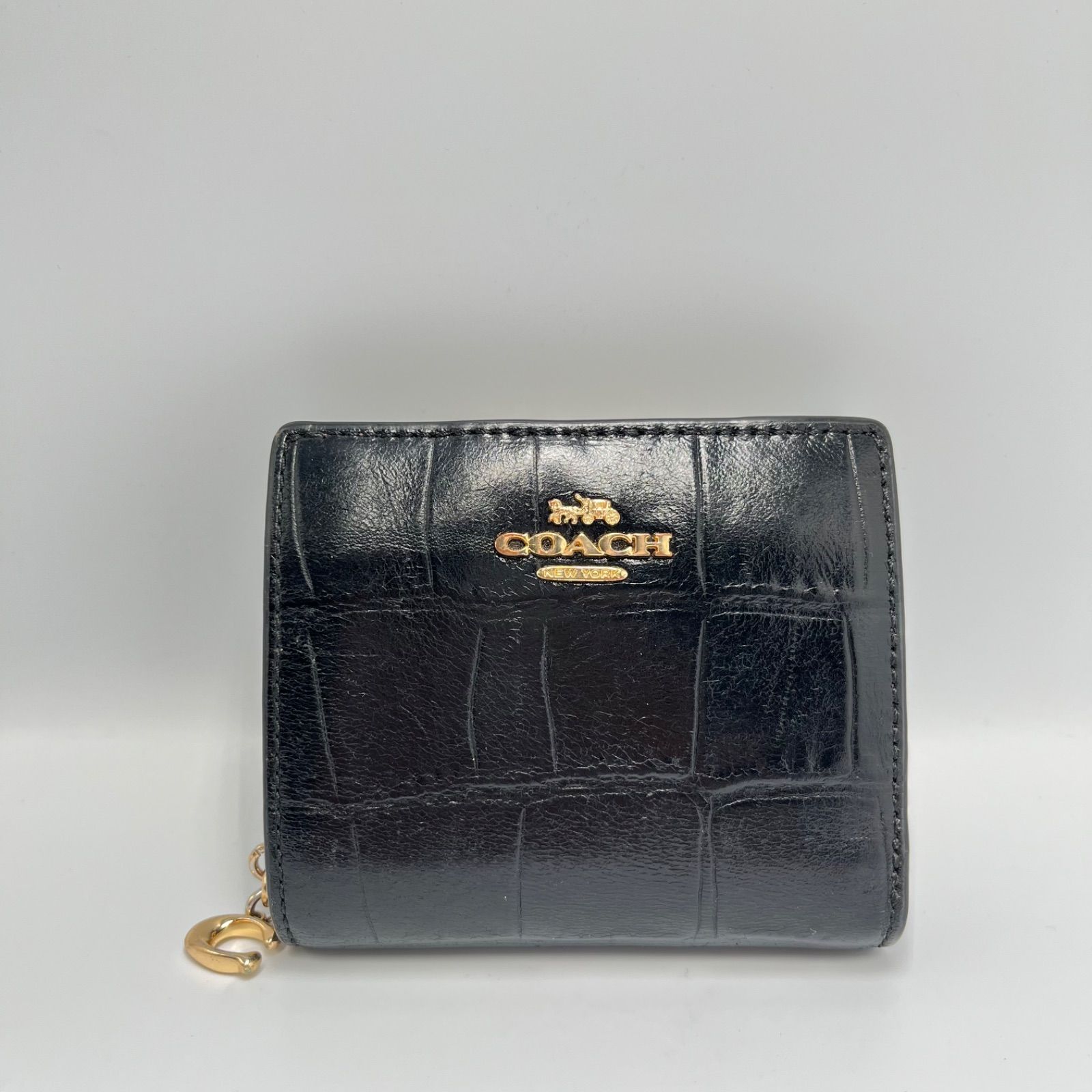 COACH コーチ スナップウォレット 二つ折り財布 クロコ型押し ブラック