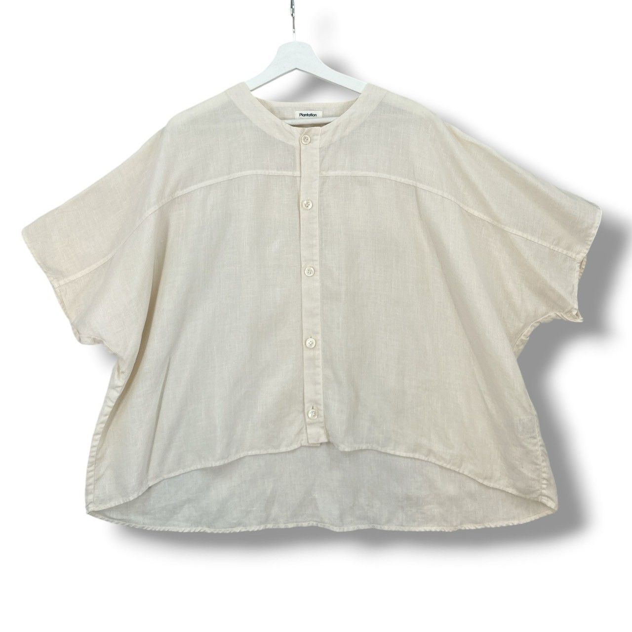 Plantation プランテーション リネンキャンバス ノーカラーブラウス 24SS 半袖 ワイドシルエット ゆったり 白 アイボリー Mサイズ レディース 夏 ゴーゴー古着セントラルパーク名古屋店 1 No.久1822