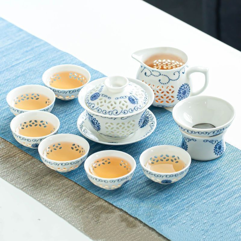 陶磁器 蓋碗 9点セット 透かし模様 茶色 玲瓏磁器 白磁 太陽花宝瓶 茶器セット ティーセット 中国茶器 台湾茶 ウーロン茶 紅茶茶器 5,082円