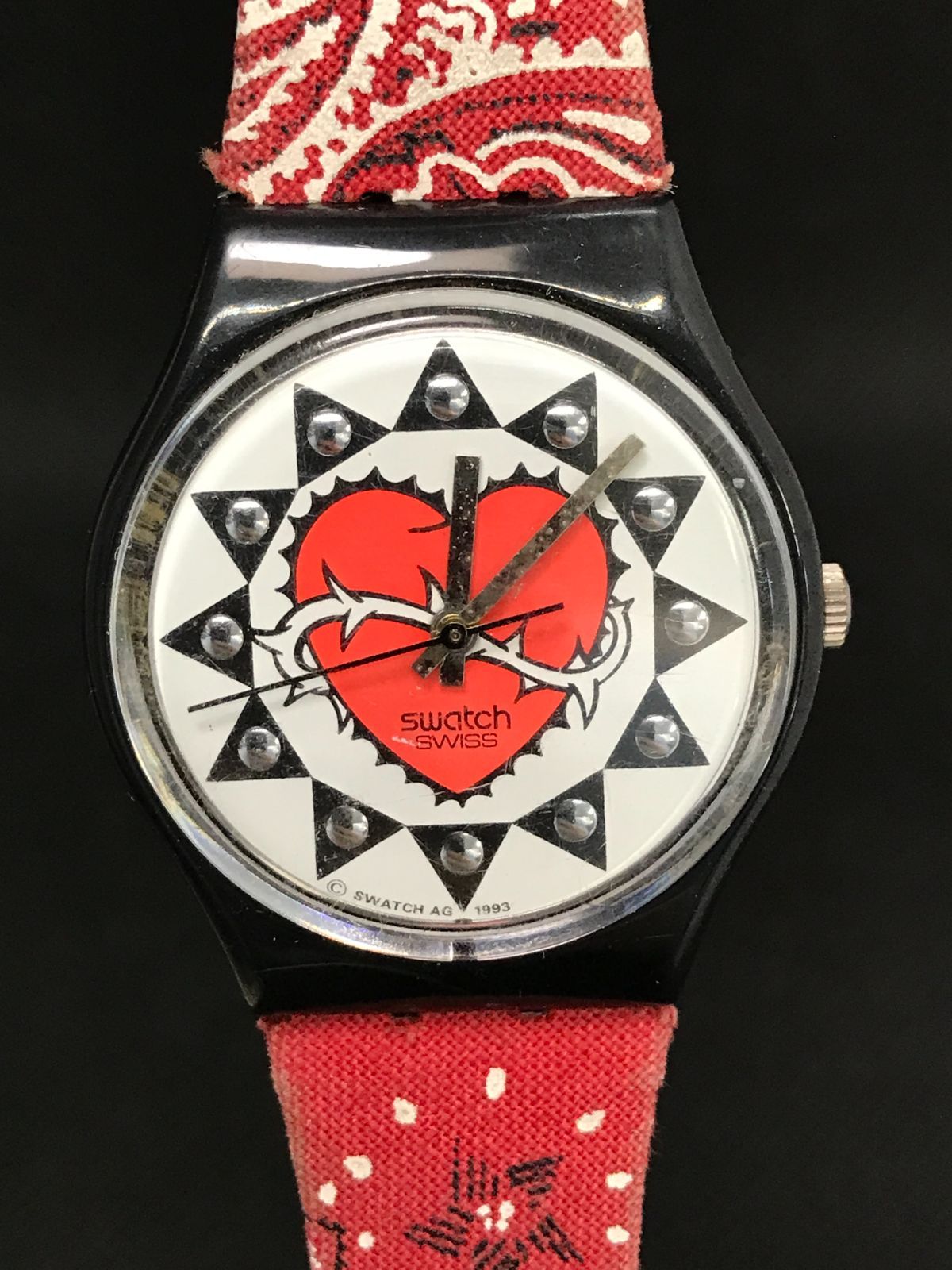 稼働品】swatch スウォッチ 腕時計 ハートモチーフ レッド系 3873