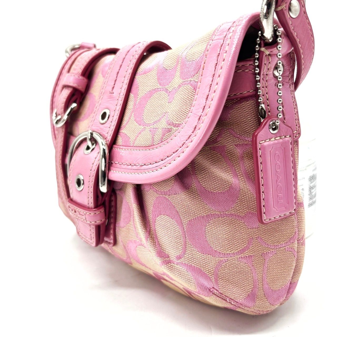 【良品】COACH Y2K pink signature canvas leather belt shoulder bag unisex コーチ ショルダーバッグ
