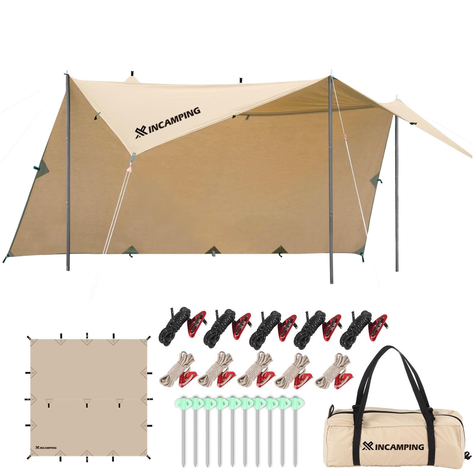 タープ Xincamping スクエアタープ 正方形タープ 2.95m×2.95m ポリコットンTC 【19箇所ループ・特殊防水テープ付き】 撥水加工 耐水圧500mm 焚き火対応 遮光・遮熱・難燃 コンパクト 収納袋付き ピクニック キャン e13178da