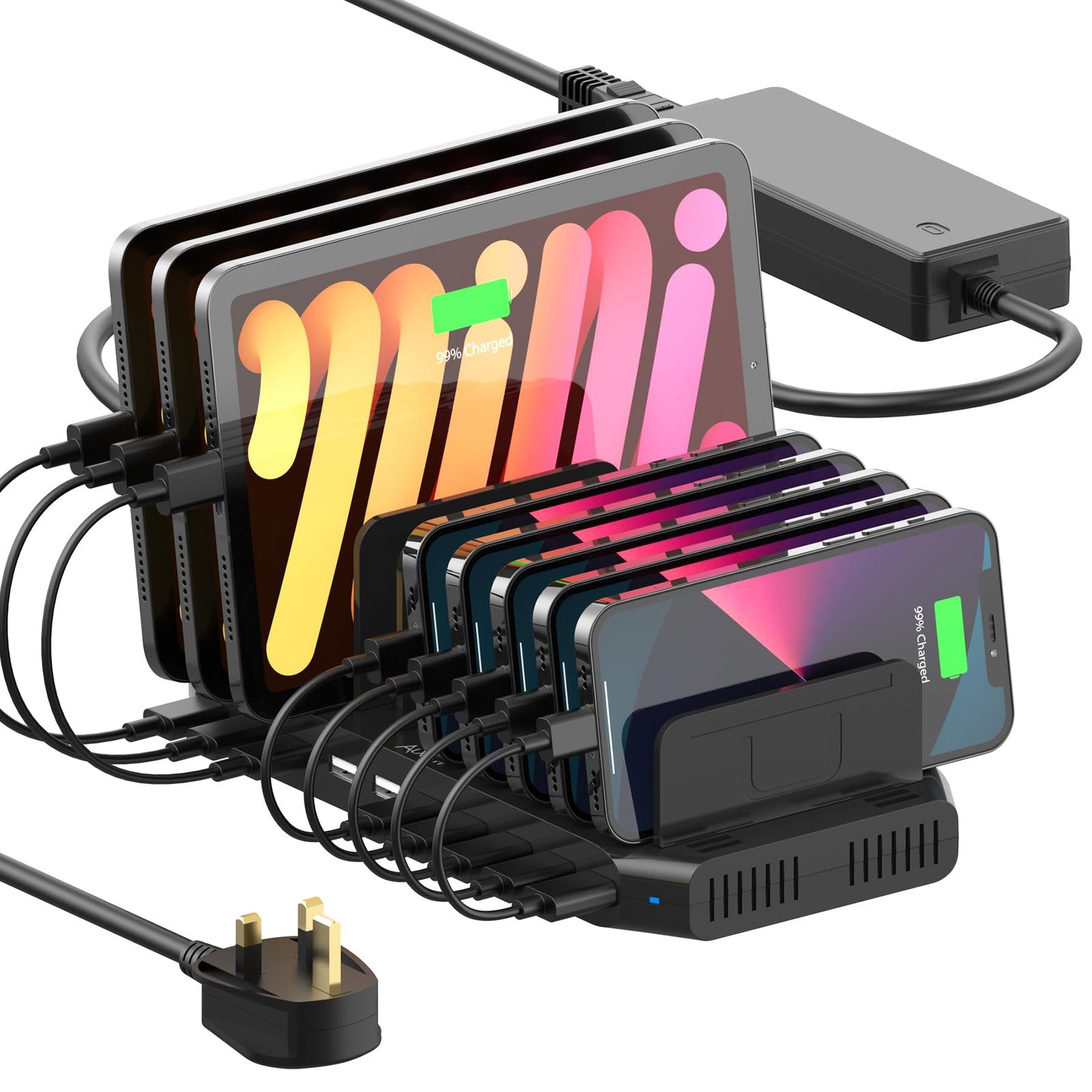 A)10台卓上収納 +9*USB 5-8台同時充電 3.0 5V 3.0 QC 3A QC 10ポート(1* スマホ卓上収納 60W 仕切り板調整可能Android/iPhone/iPad/kindle/タブレット/PSP/スマホ対応 充電ステーション USB