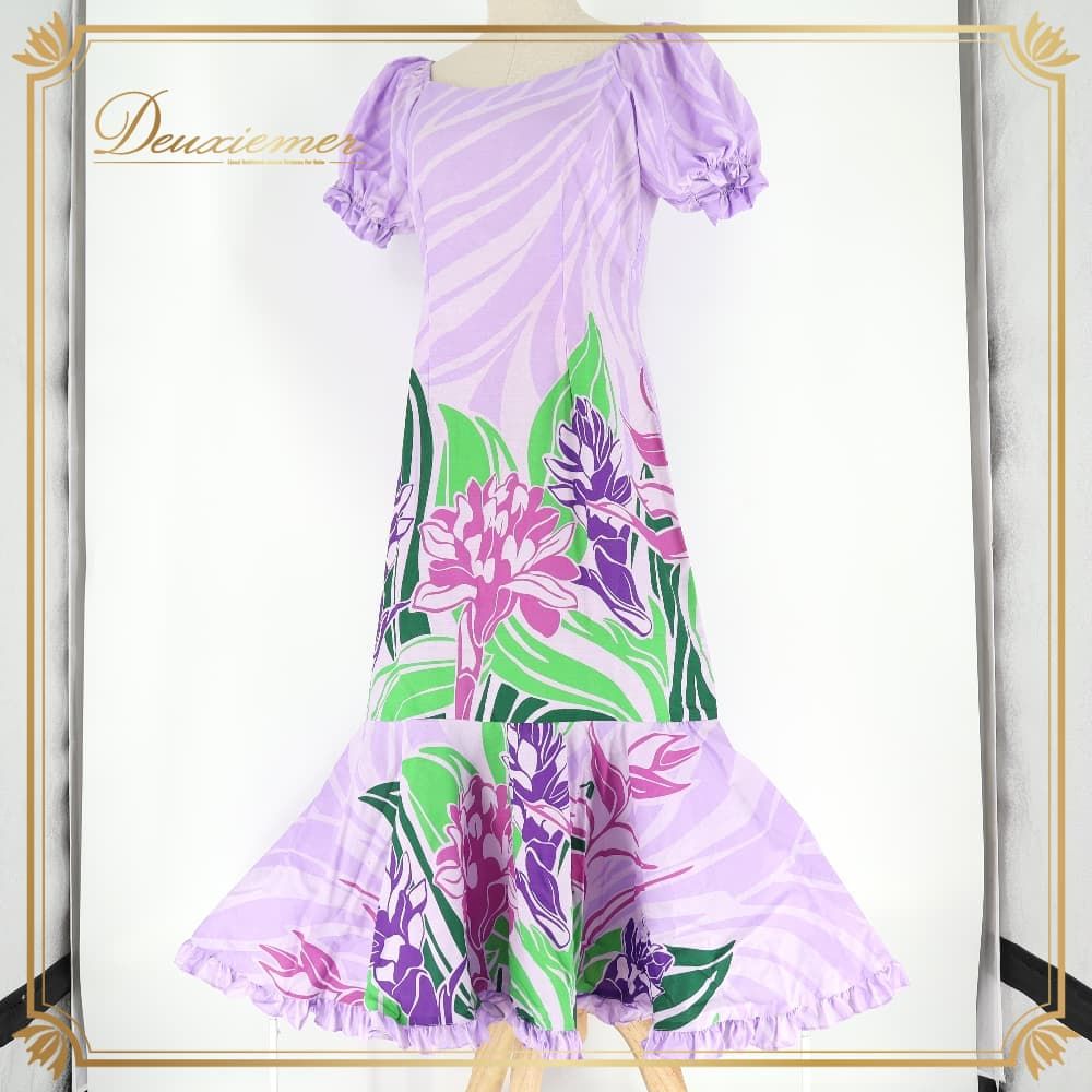フラダンス 衣装 T&L MUUMUU FACTORY ムームーファクトリー ワンピース ドレス ハワイ製 パープル系 半袖 フリル 花柄 植物柄 ハワイアンプリント ハワイアンダンス アロハ フラ ダンス レッスン 練習 紫 黄緑 緑 グリーン系 ピンク系