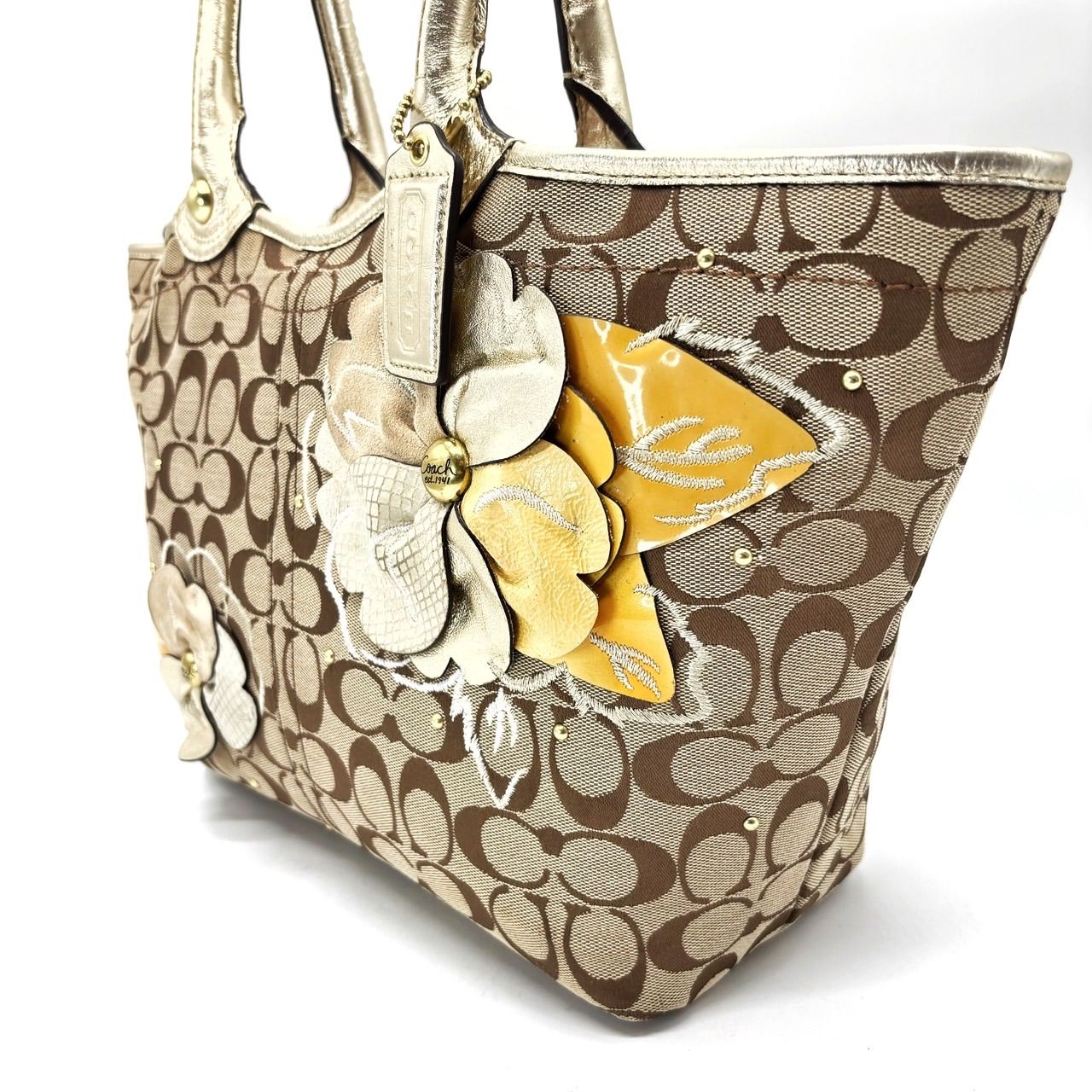 【良品】coach y2k flower signature canvas totebag hand beige×brown unisex コーチ トートバッグ