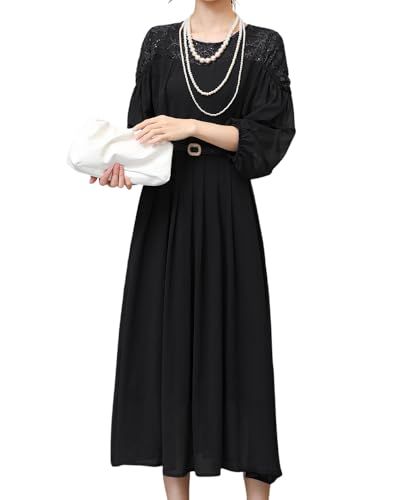 ☆新品☆[Collecala] ドレス レディース 肩レース切り替え ロング ミモレ丈 ランタンスリーブ５分袖 フレア Aライン 可愛い ハイウエスト 着痩せ おしゃれ 取り外しベルト 裏地付き きれいめパーティー 結婚式 通勤 二次会ドレス b8f64ce4