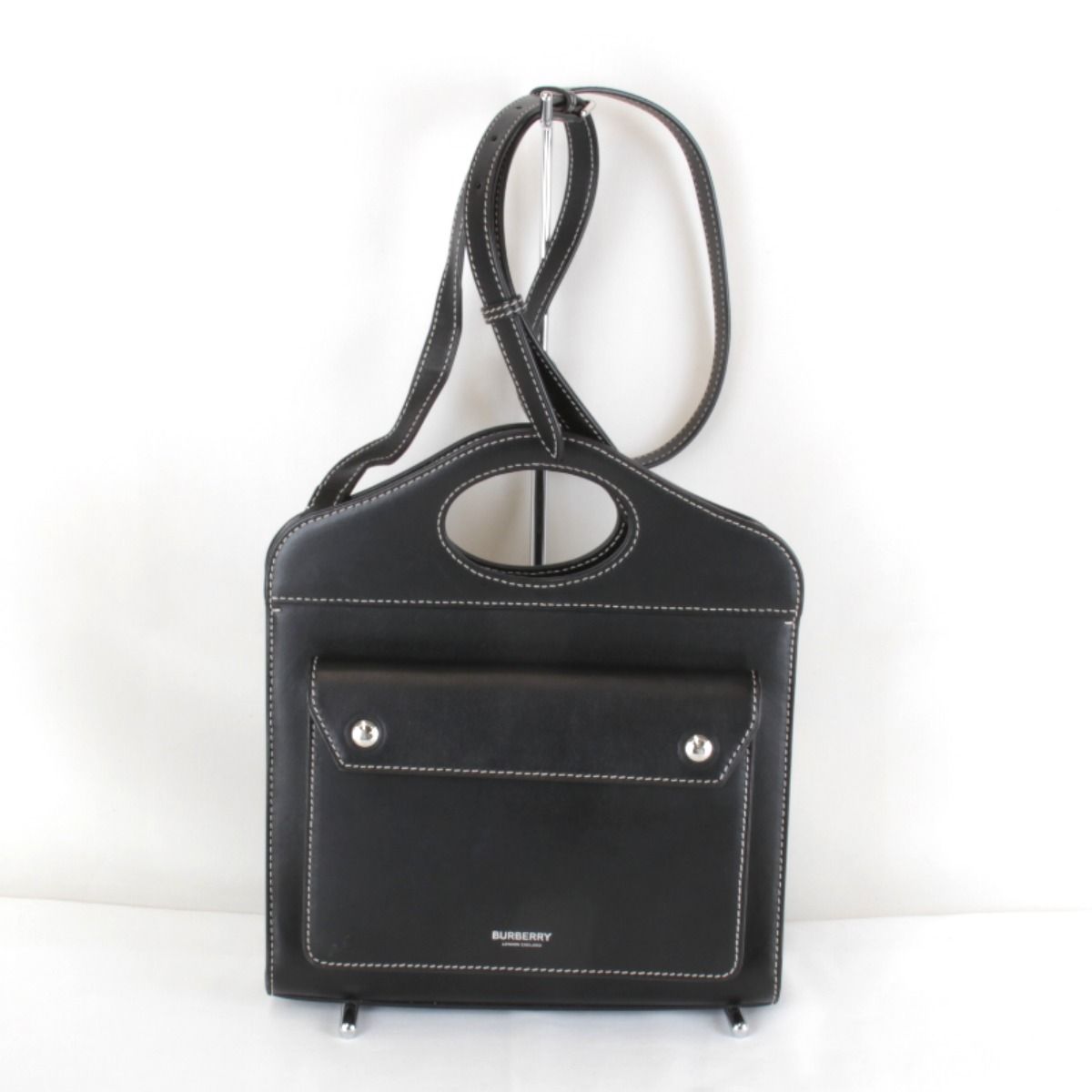 美品『USED』 バーバリー ミニ ポケットバッグ 2WAY ハンドバッグ レザー ブラック