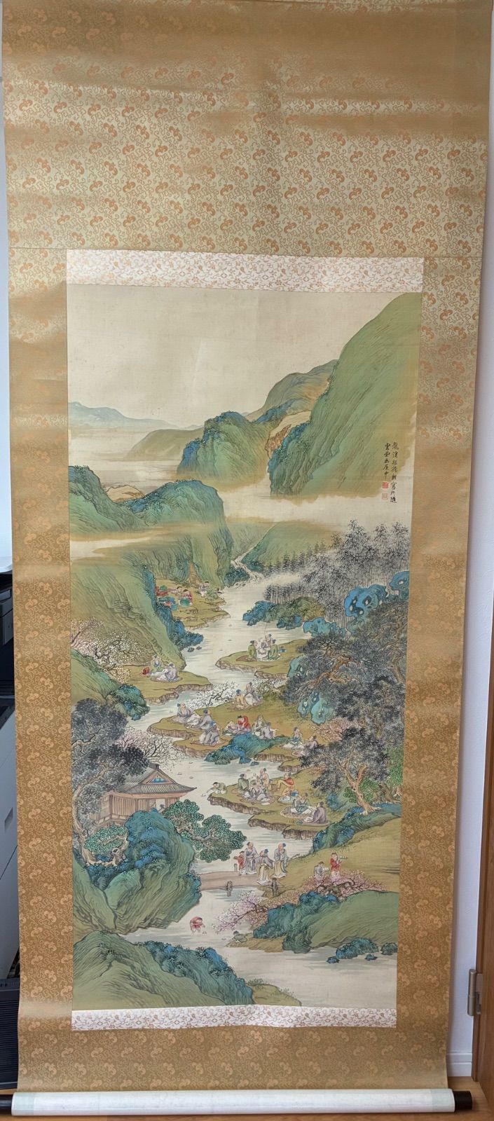 掛け軸 蘭亭曲水図 大幅 絹本 「龍溪板橋朗寫於隨雲堂画屋中」 落款印あり 時代物