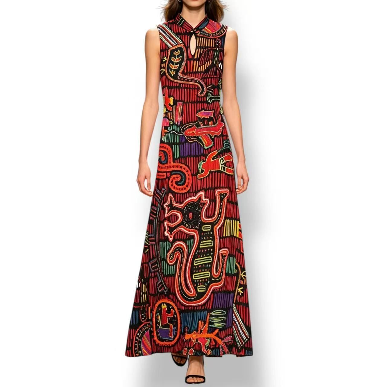 新品同様 ISSEY MIYAKE イッセイミヤケ PLEATS PLEASE プリーツプリーズ ワンピース チャイナカラー アニマル エスニック 壁画プリント マルチカラー サイズ2