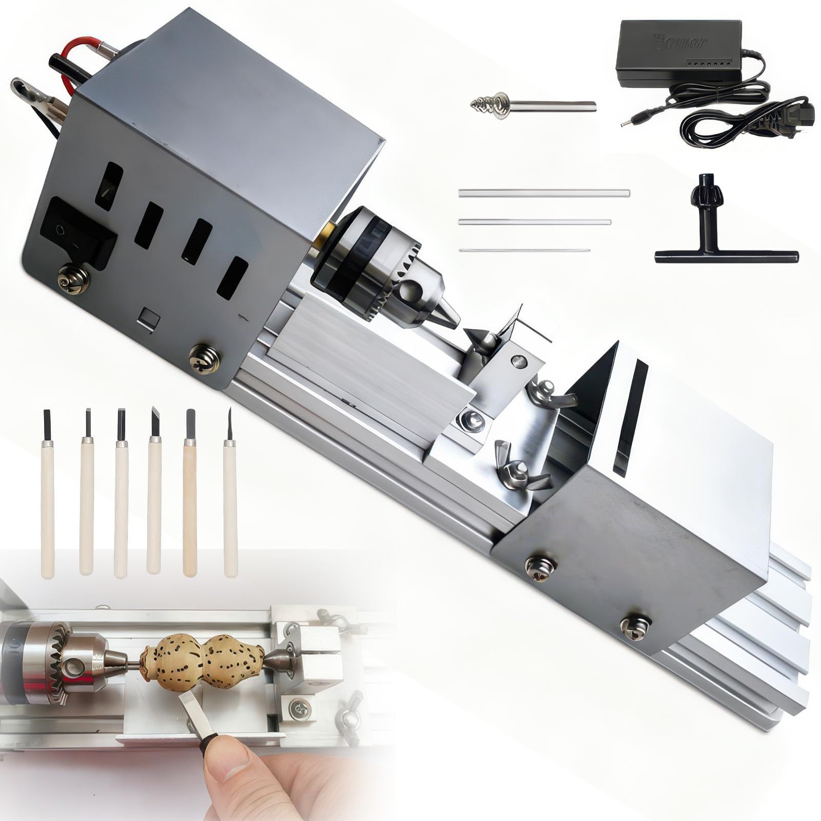 卓上旋盤 ミニ木工旋盤 本体+7段階可変DC電源(定格100W・12~24V) ビーズ加工・穴あけ・研磨・切断・彫刻用 チャックキー・固定ピン・彫刻刀3本付き 軟木推奨(パイン/バーチ等) シルバー|日本語取扱説明書付きkk
