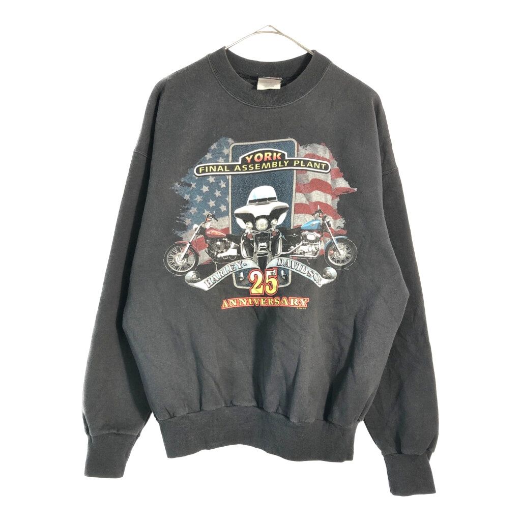 90年代 HARLEY DAVIDSON ハーレーダビッドソン ヨーク工場 25周年 スウェット モーターサイクル ブラック(メンズ L)中古 古着 X4158