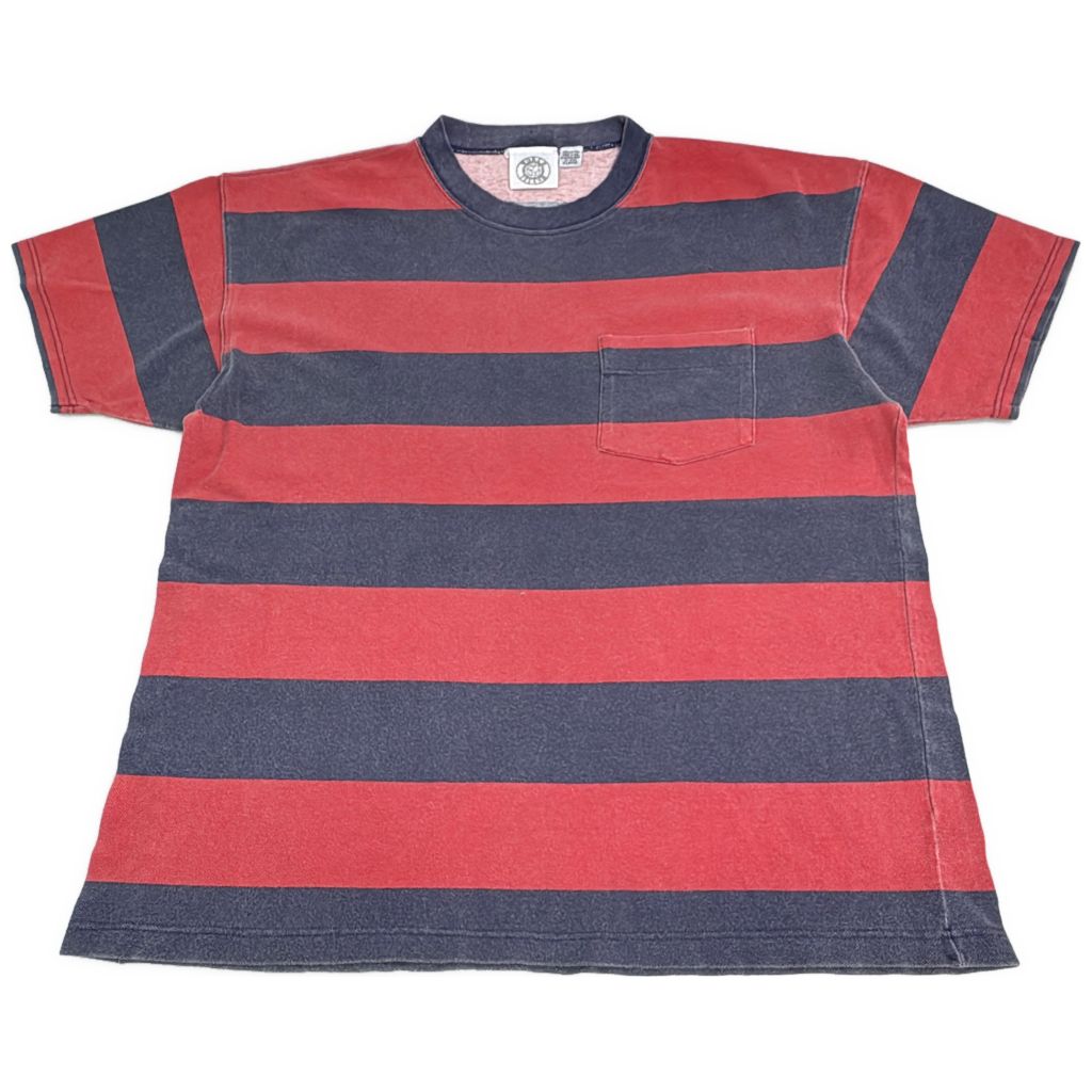 90年代 USA製 WORLD ISLAND ファットボーダー鹿の子Tシャツ レッド(メンズ XL)中古 古着 Y0543