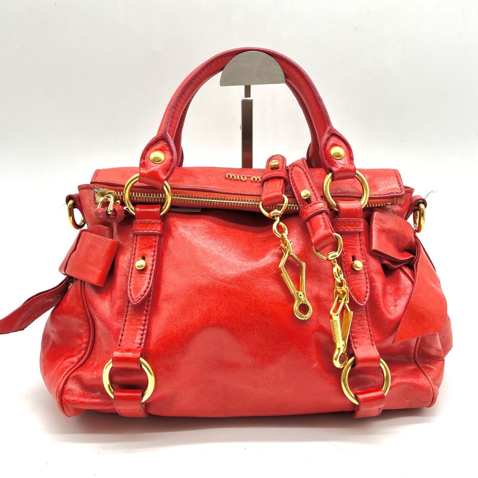 Auth Miu Miu Y2K Vitello Shine Side Ribbon 2Way Leather Shoulder Bag Mini Handbag Red