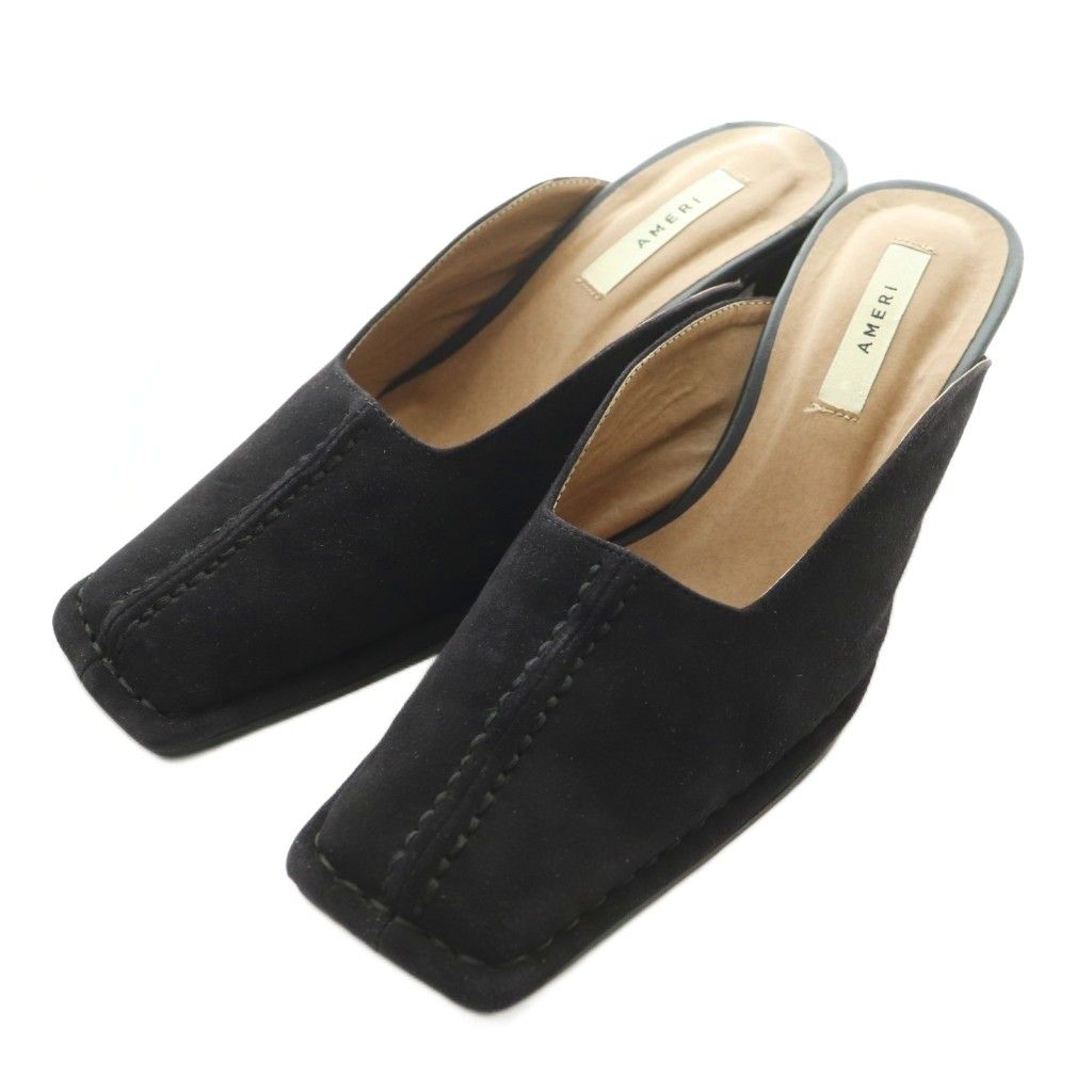 アメリヴィンテージ Ameri VINTAGE STITCH QUADRANGLE TOE MULE ステッチクアドラングルトゥミュール スクエアトゥ チャンキーヒール スエード S 22.5cm 黒 ブラック /BB