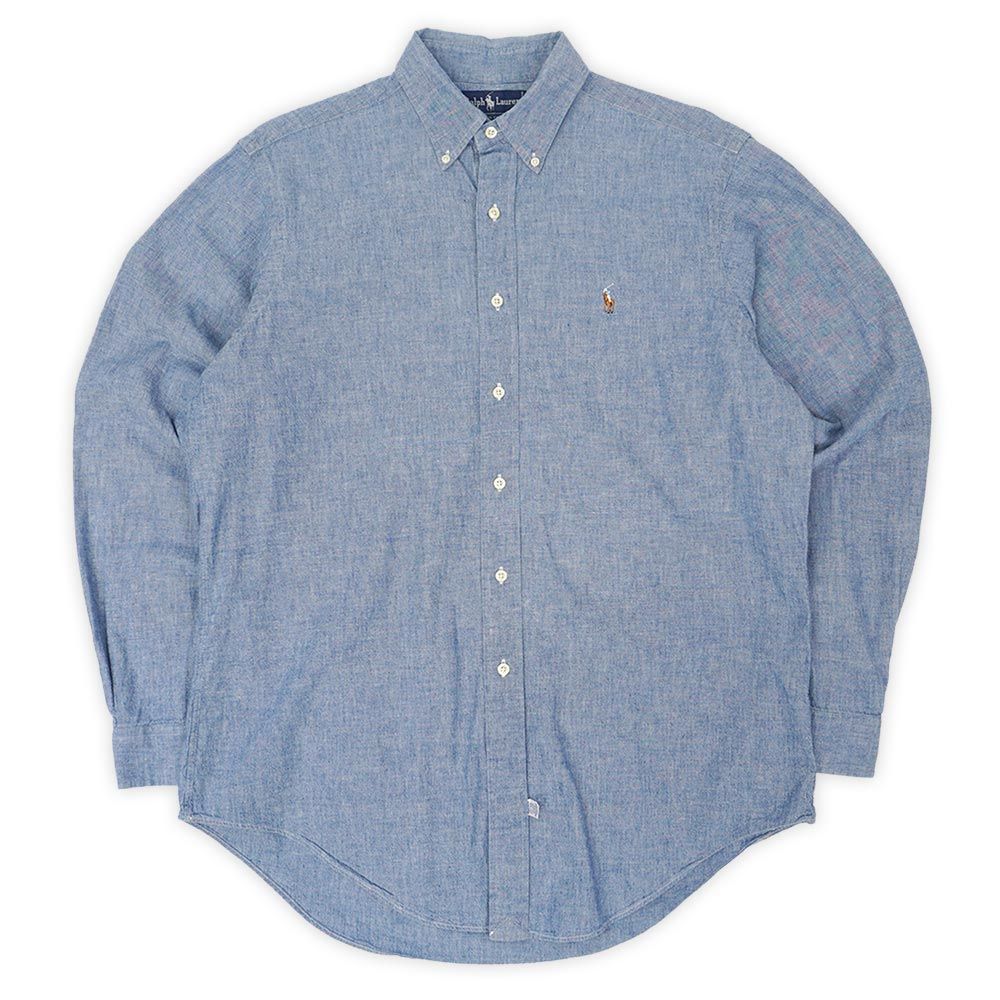 ポロラルフローレン POLO RALPH LAUREN 90s 90年代 コットンシャンブレー ボタンダウンシャツ ポニー ロゴ 刺繍 USA ヴィンテージ アメリカ 古着 メンズ シャツ ブルー L【中古】