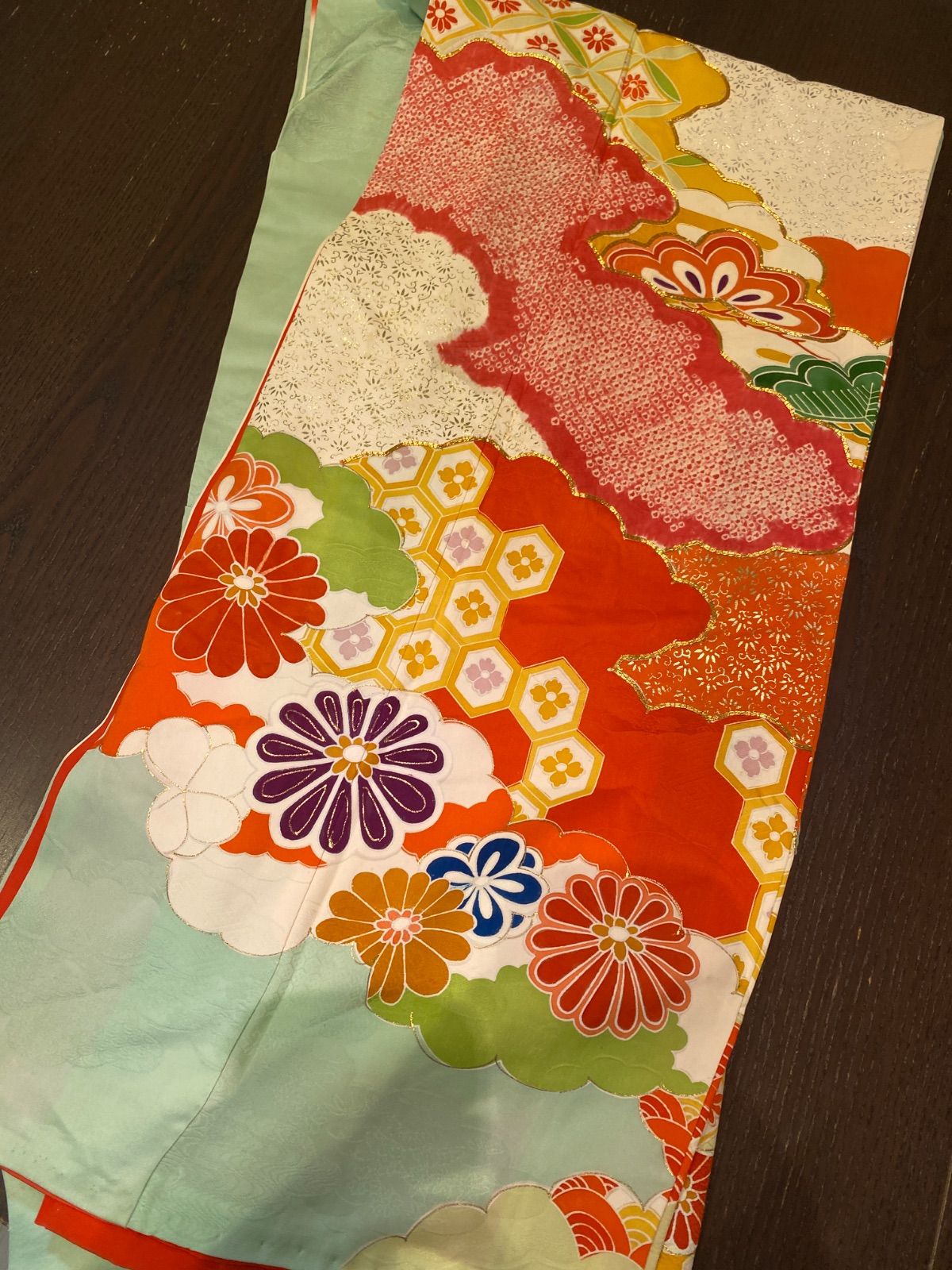 古い縮緬の着物 絹 古布 振袖 リメイク素材 宅コンH572 【公式通販】