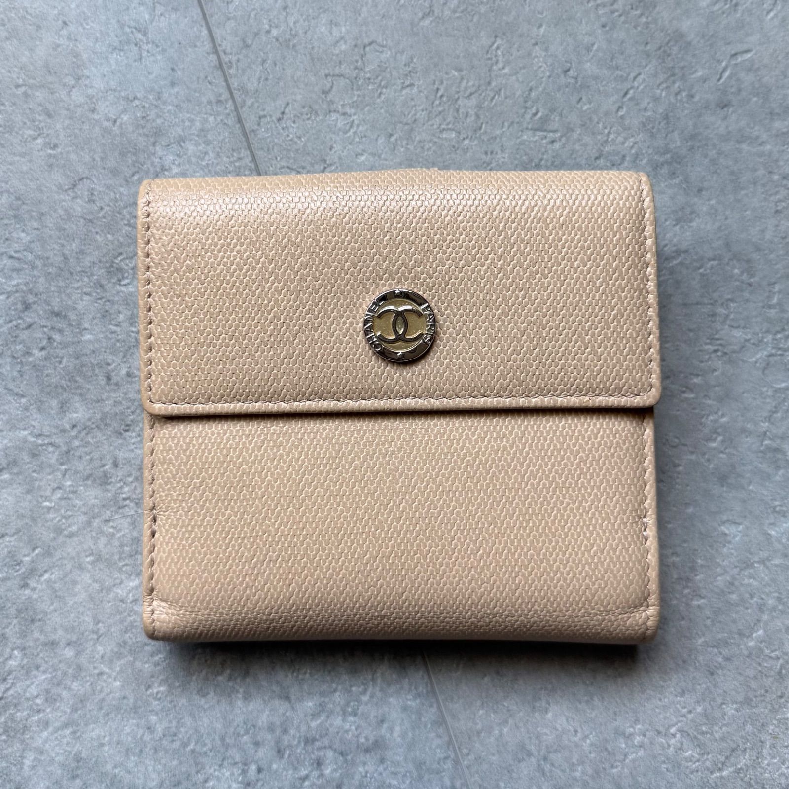 美品 CHANEL シャネル ココマーク 二つ折り財布 Wホック ベージュ 