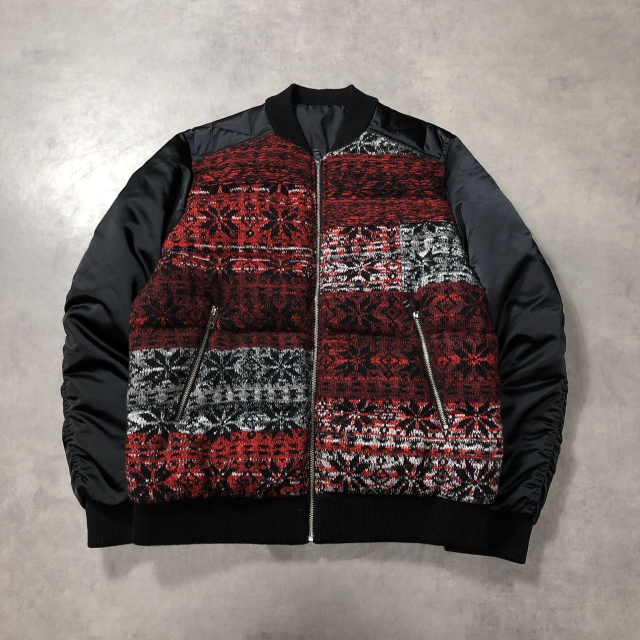 GQ5419◇DIESEL : ノルディックニット切替 ダウンジャケット◇M◇赤/黒 ディーゼル