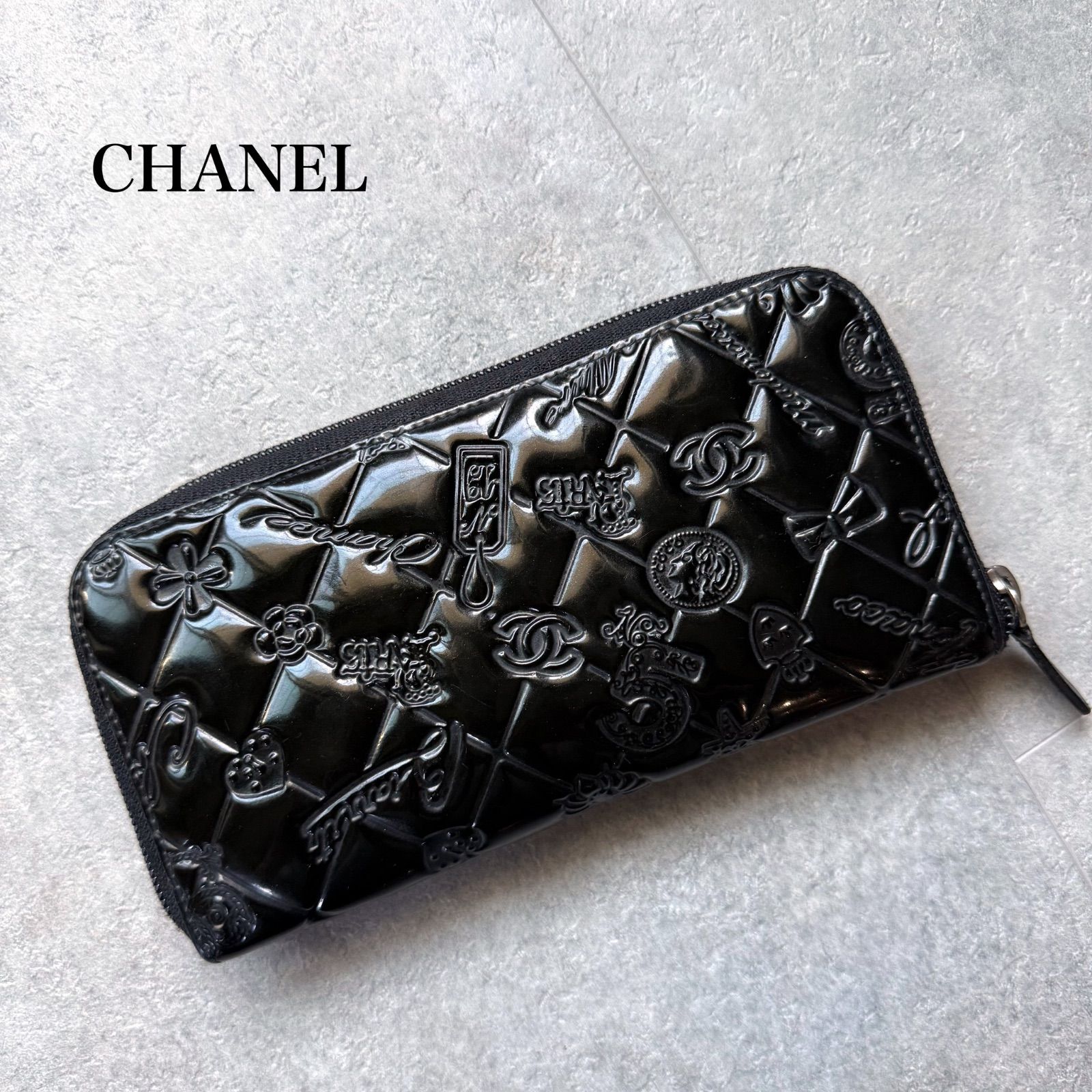 CHANEL シャネル アイコン ココマーク パテントレザー ラウンドファスナー長財布 ブラック 黒