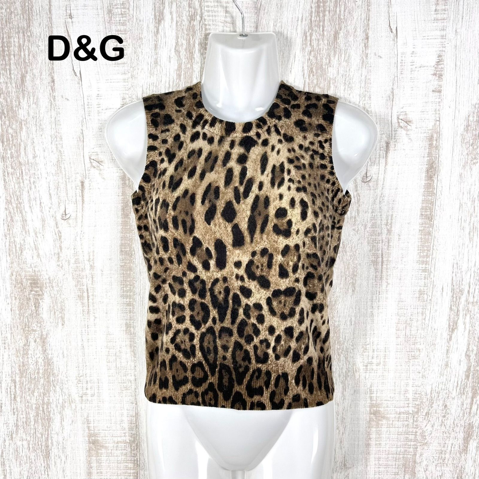 美品 00s D&G DOLCE&GABBANA ドルチェアンドガッバーナ レオパード ヒョウ柄 ウール カシミヤ ノースリーブ ニット ブラウン y2k 平成ギャル