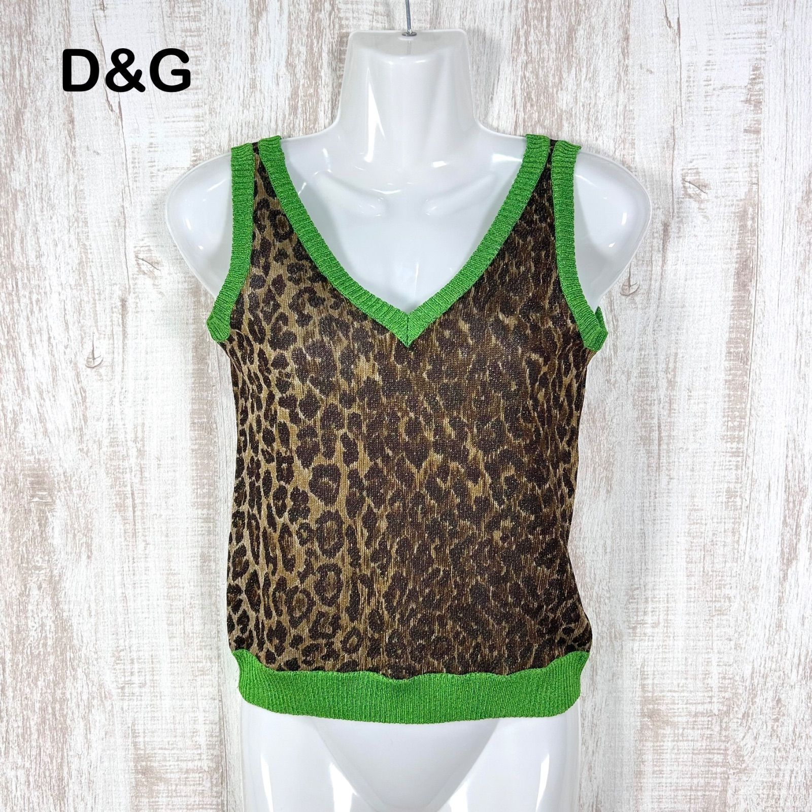 美品 00s D&G DOLCE&GABBANA ドルチェアンドガッバーナ レオパード ヒョウ柄 ラメ入り Vネック ノースリーブ ニット グリーン レディース トップス y2k 平成ギャル