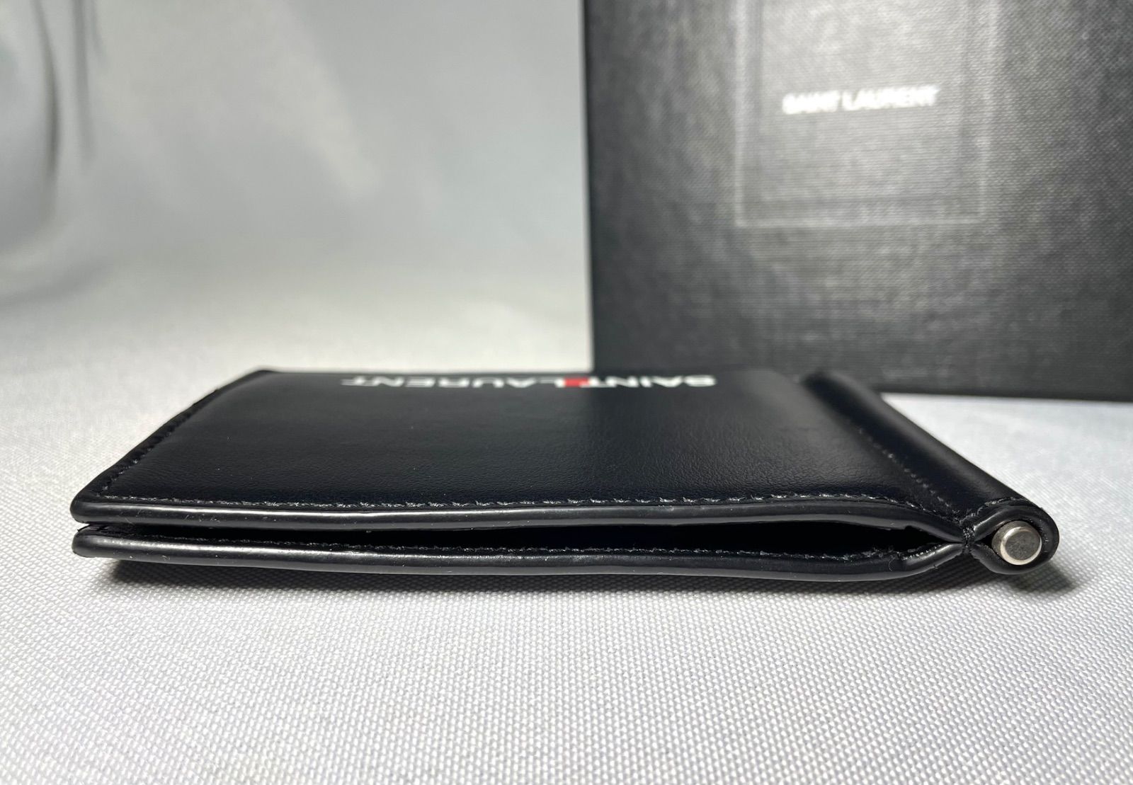 SAINT LAURENT ブラック レザー マネークリップ  財布 メンズ 美品 Saint Laurent Parisサンローランパリ ロゴプリント