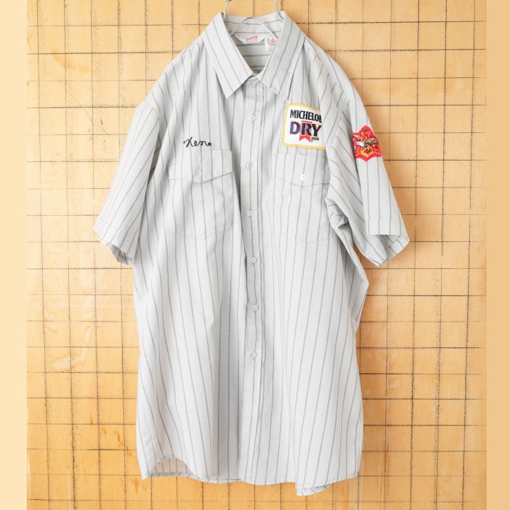 70s 80s USA製 Unitog MICHELOBワッペン ストライプワークシャツ グレー メンズXL相当 半袖 アメリカ古着　031926ss27