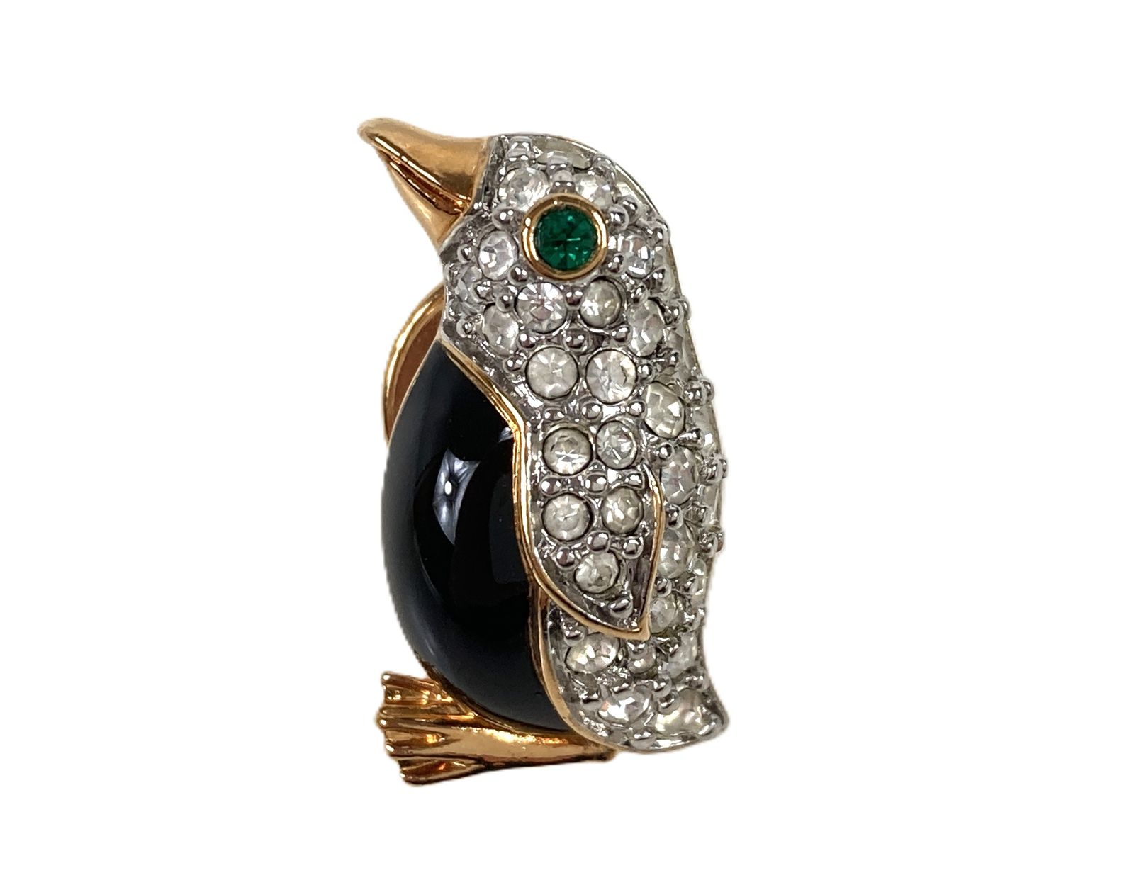 スワロフスキー　SWAROVSKI　クリスタル　ペンギン　ピンブローチ　縦2.2cm　ブラック/グリーン/ゴールドカラー　送料無料