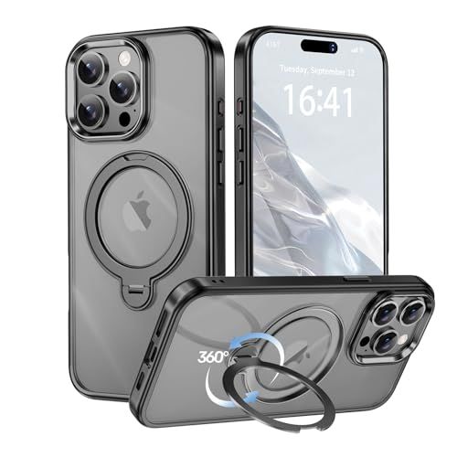 【透き通る上質感・多機能360°回転スタンド】KMAMBNG iPhone 15 ProMax 用 ケース Magsafe対応【耐衝撃・金属感・真空メッキ・黄変防止・ストラップホール付き】縦横両立 角度自在 調整可能 磁吸機能でワイヤレス充電対応 おし shu