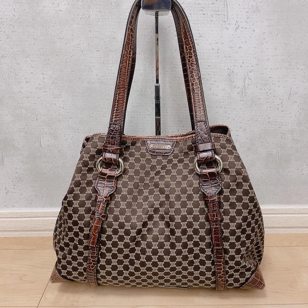 CELINE セリーヌ 2way トートバッグ マカダム柄 クロコダイル レザー キャンバス ブラウン ヴィンテージ ショルダーバッグ シルバー金具