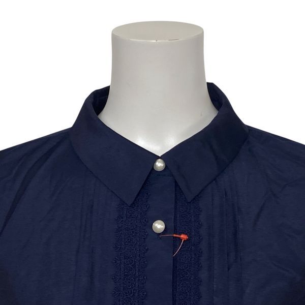 ◇ トゥービーシック TO BE CHIC チュニックブラウス シャツ 七分袖 ペプラム ピンタック レース ネイビー 40 L 11号 レディース S6E048