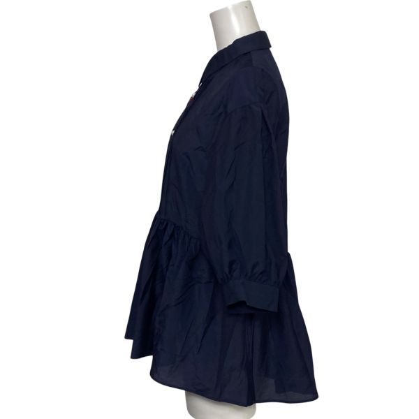 ◇ トゥービーシック TO BE CHIC チュニックブラウス シャツ 七分袖 ペプラム ピンタック レース ネイビー 40 L 11号 レディース S6E048