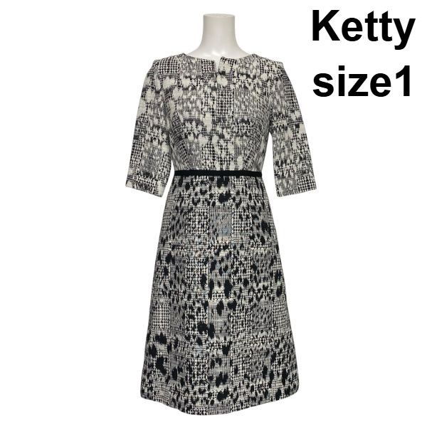 ◇ ケティ Ketty フレアワンピース ミディ丈 七分袖 総柄 ツイード風 Aライン キーネック 白 黒 綿混 1 S～M 7～9号 レディース S6E046