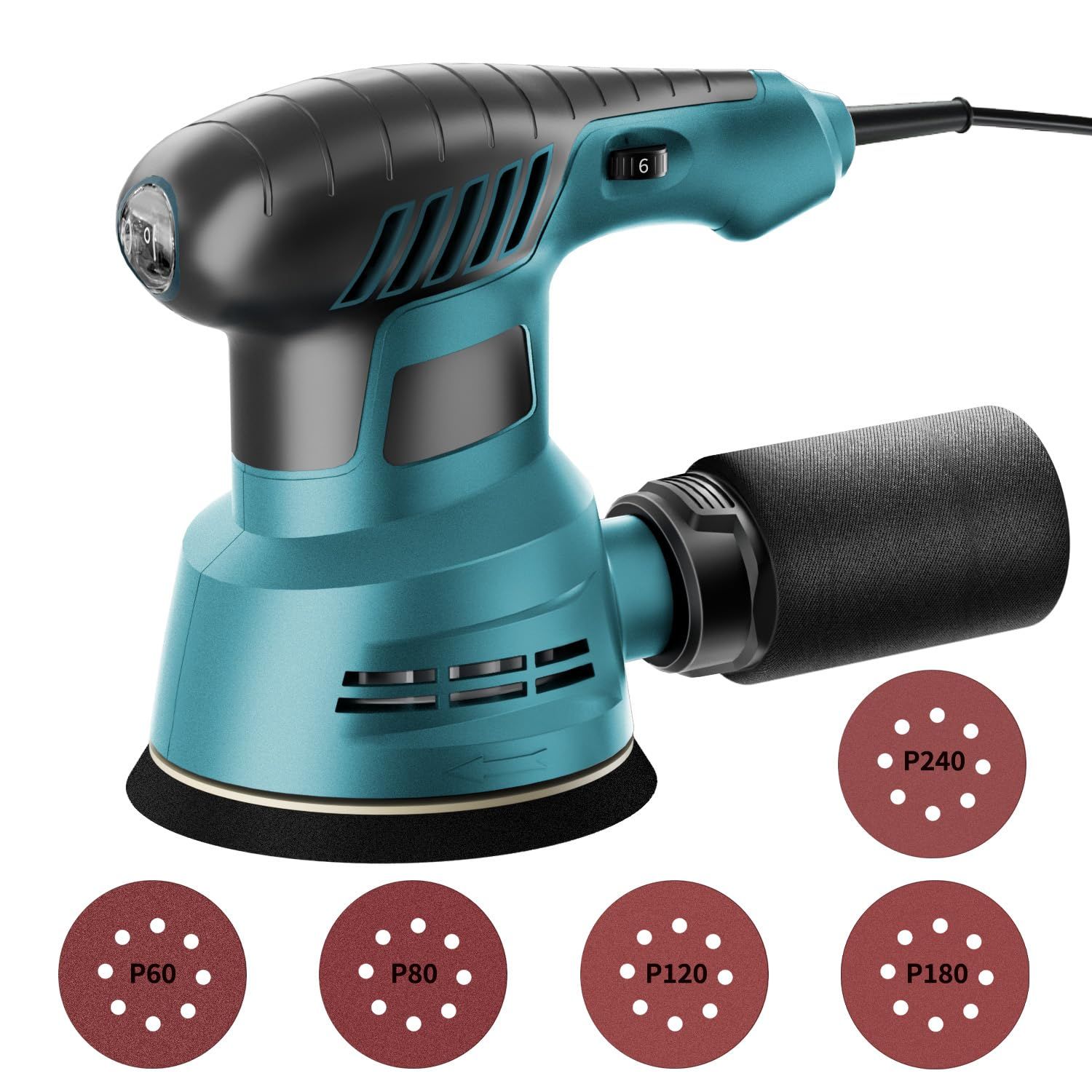 ☆新品☆サンダー 電動 ランダムオービットサンダー 電動サンダー 6段階調速 回転数6000-12000min-1 自動集塵 オービタルサンダー マジックテープ式 125mmサンドペーパー P240、P180、P120、P80、P60のサンド 942da707