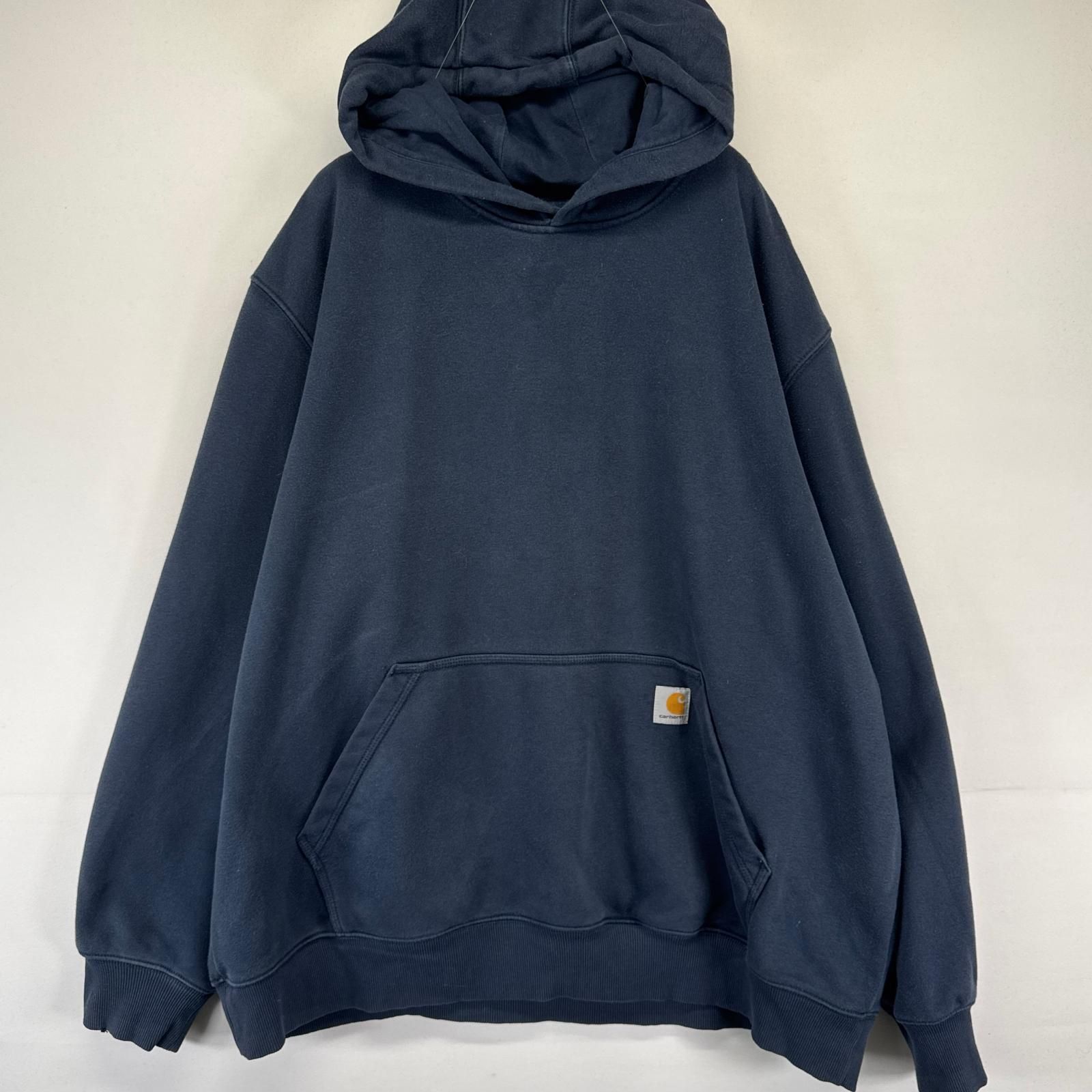 古着 カーハート Carhartt パーカー フーディー プルオーバー スウェット ワンポイントロゴ 2XL ネイビー系 メンズ