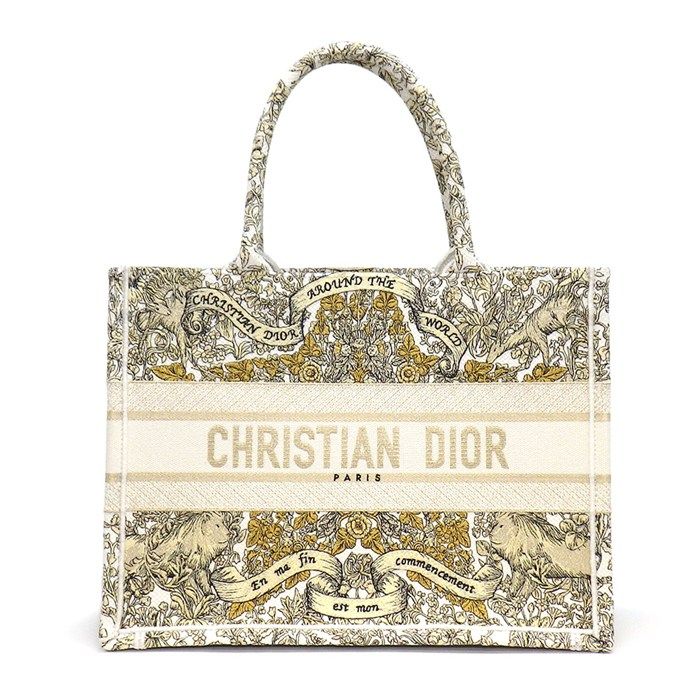 ディオール Dior トートバッグ ブックトート ミディアム M1296ZEDP ホワイト ディオールアラウンドザワールドエンブロイダリー 【中古】