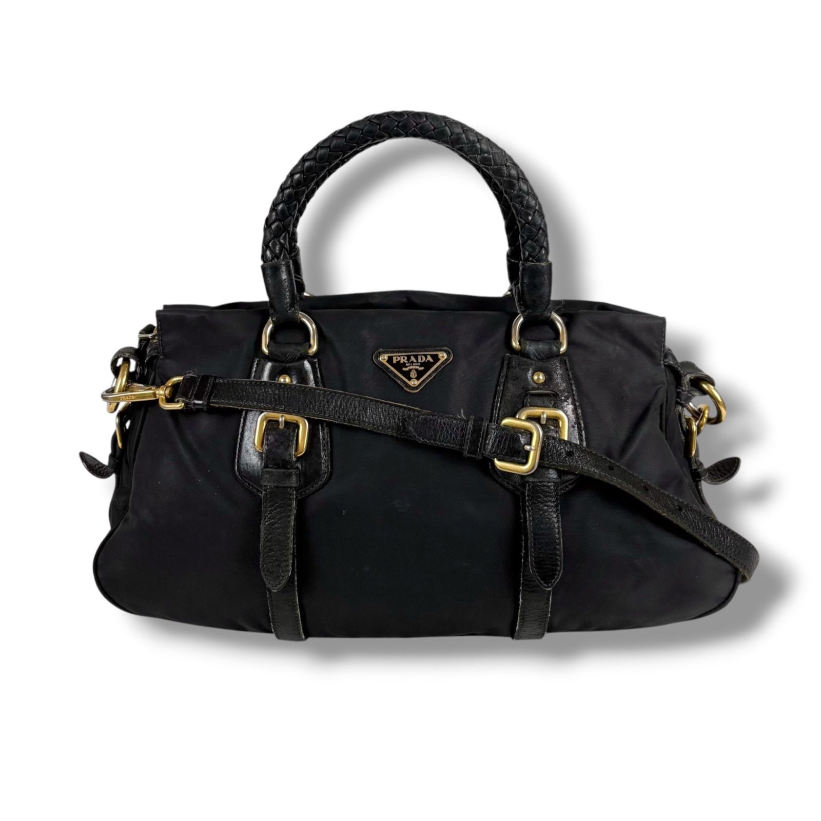 プラダ　PRADA 2WAY トライアングルロゴ　ショルダーバッグ　ハンドバッグ　クロスボディバッグ　テスートナイロン　レザー　ブラック　NERO