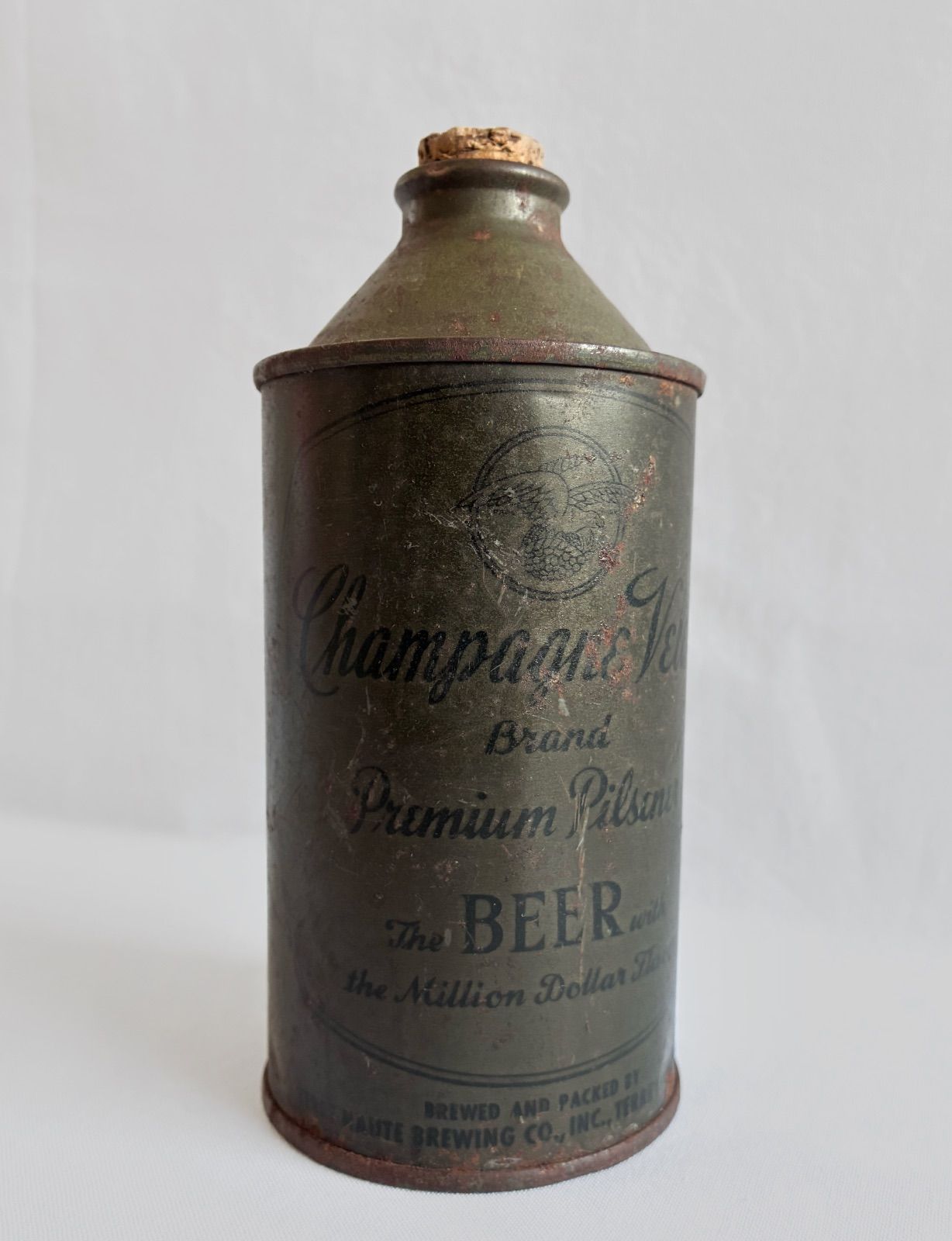 【ヴィンテージ缶】Champagne Velvet ビール缶 コルク栓付　ブリキ缶　50s オリーブドラブ　錆あり